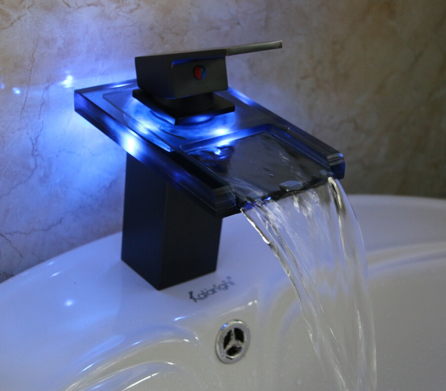 led light glass waterfall spout basin sink faucet single lever 3 color changing and cold water vanity mixer taps