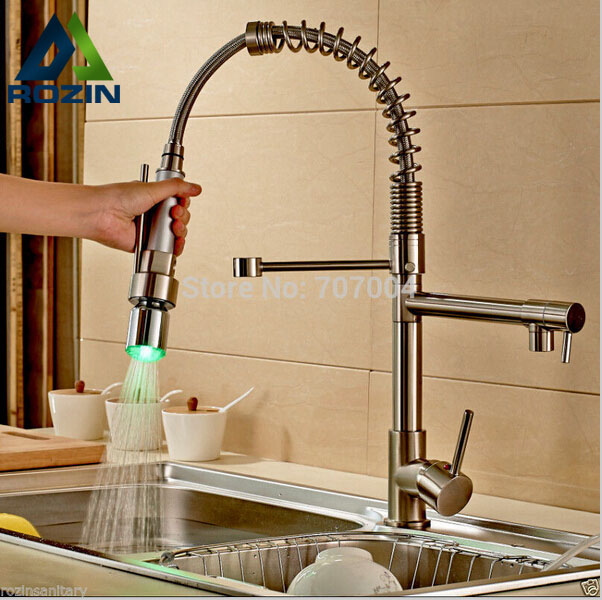 led light pull down kitchen sink faucet single handle dual spout spring kitchen mixer taps brushed nickel