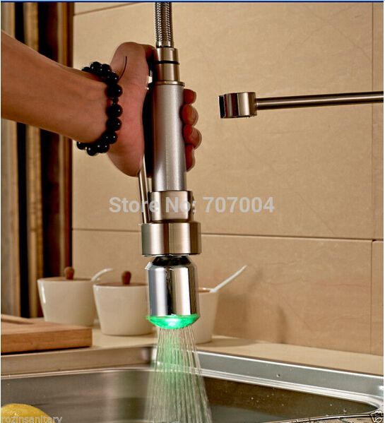 led light pull down kitchen sink faucet single handle dual spout spring kitchen mixer taps brushed nickel