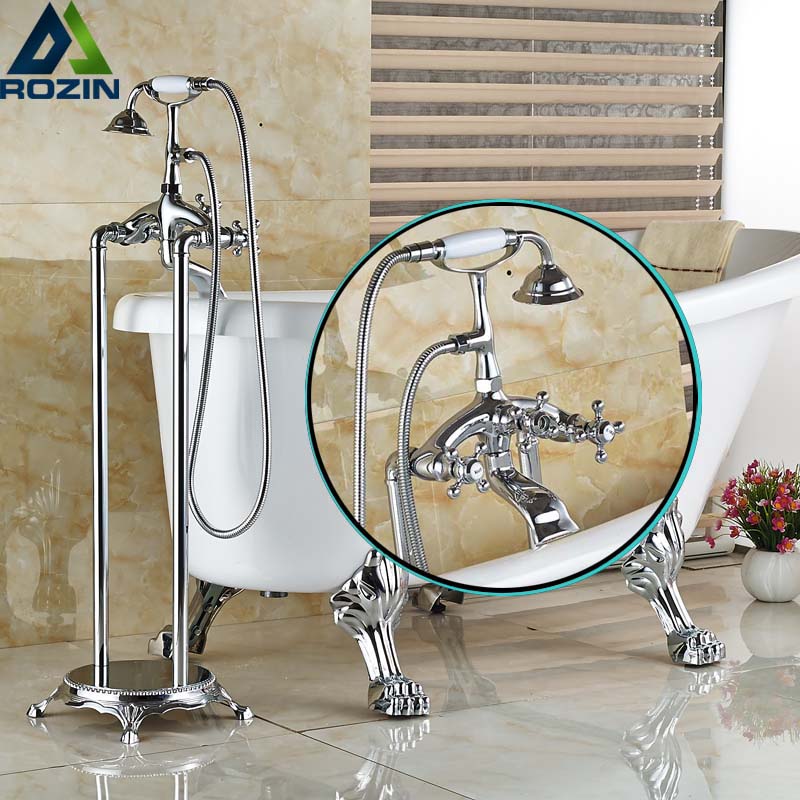 luxury bath clawfoot standing tub shower filler faucet chrome finished with handshower floor mount