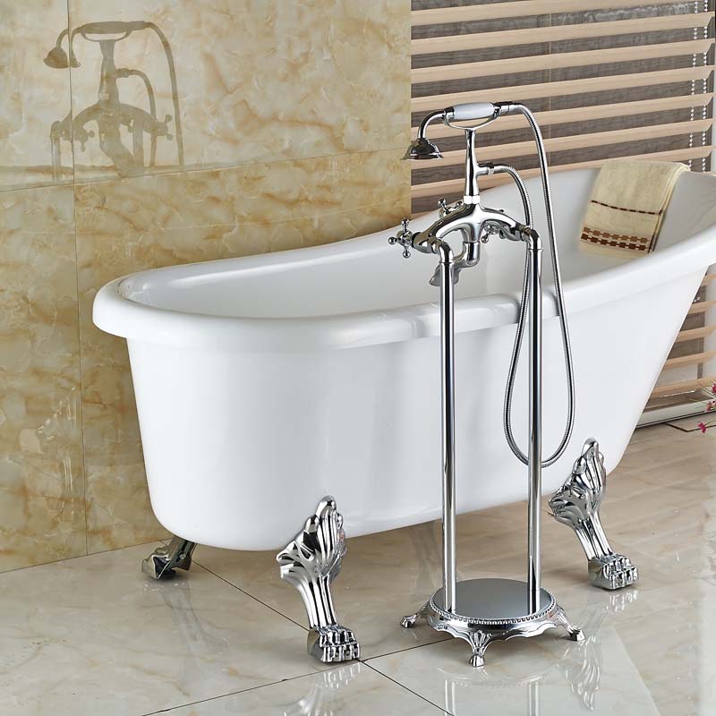 luxury bath clawfoot standing tub shower filler faucet chrome finished with handshower floor mount