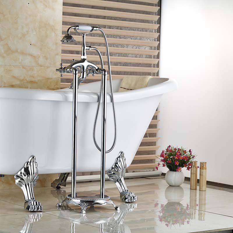 luxury bath clawfoot standing tub shower filler faucet chrome finished with handshower floor mount