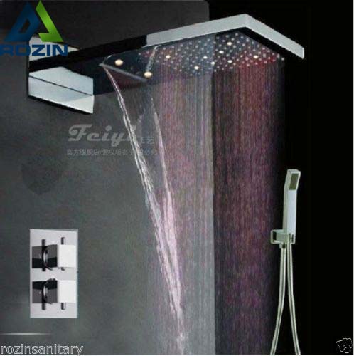 luxury bathroom shower set led large rain waterfall shower head w/ dual handles thermostatic mixer valve