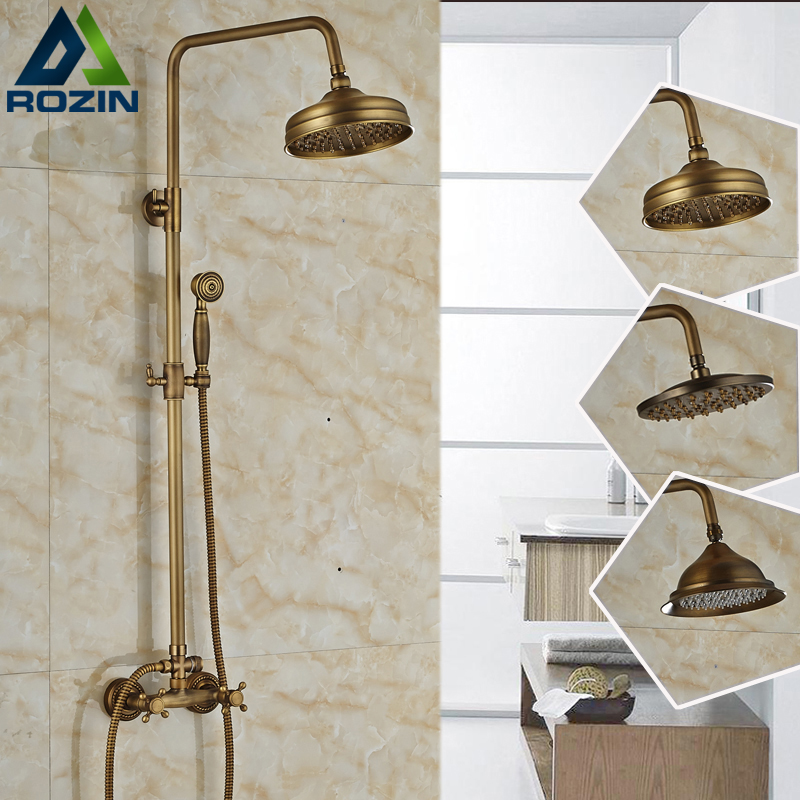 luxury brass antique dual hand shower mixer set faucet wall mounted 8" rain bathroom handshower faucet taps