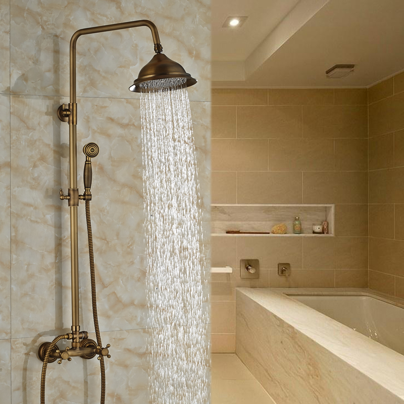 luxury brass antique dual hand shower mixer set faucet wall mounted 8" rain bathroom handshower faucet taps