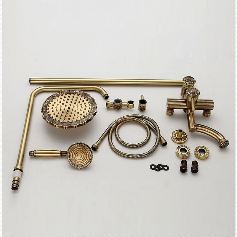 luxury brass retro style shower mixer set single handle rotate tub filler height adjustable shower faucet with handshower