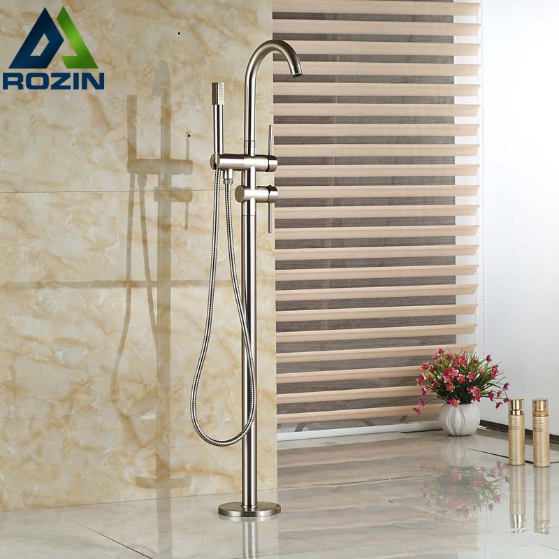 luxury brushed nickel bathtub faucet set standing floor mount tub filler taps with handshower