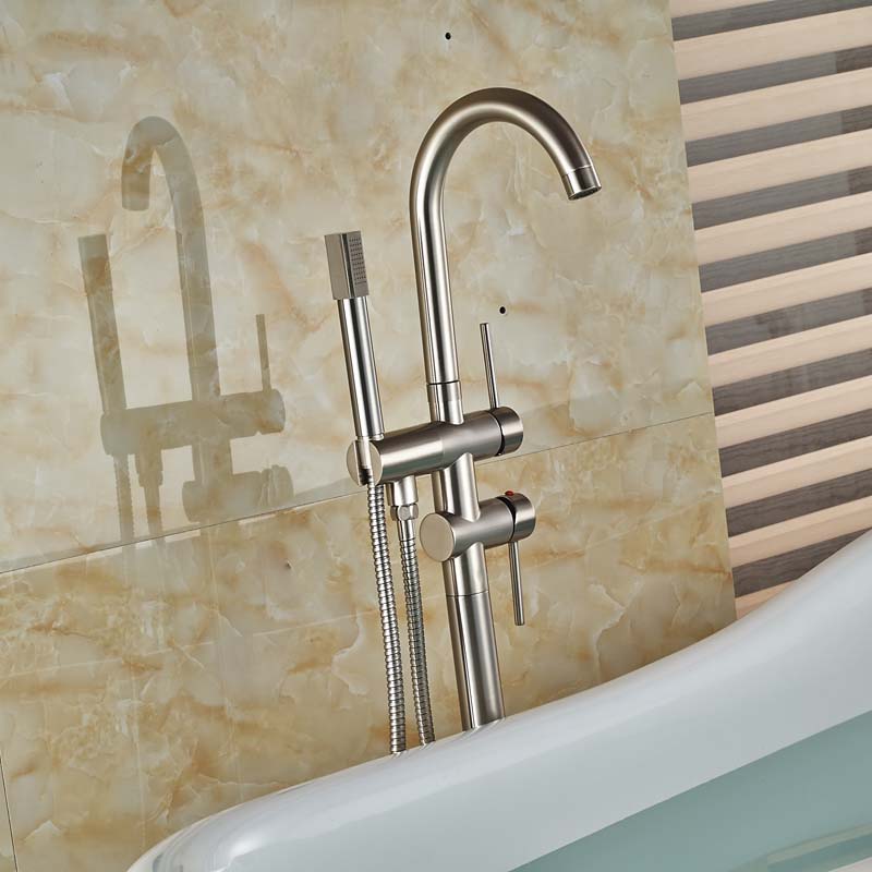 luxury brushed nickel bathtub faucet set standing floor mount tub filler taps with handshower