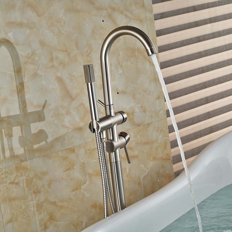 luxury brushed nickel bathtub faucet set standing floor mount tub filler taps with handshower