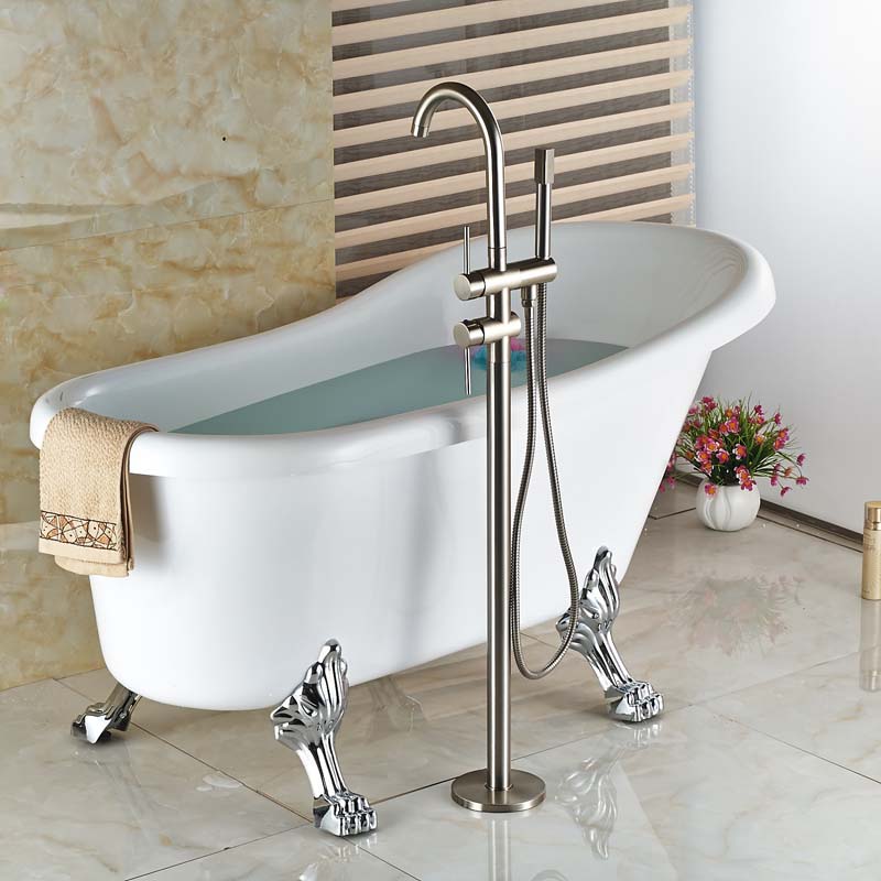 luxury brushed nickel bathtub faucet set standing floor mount tub filler taps with handshower