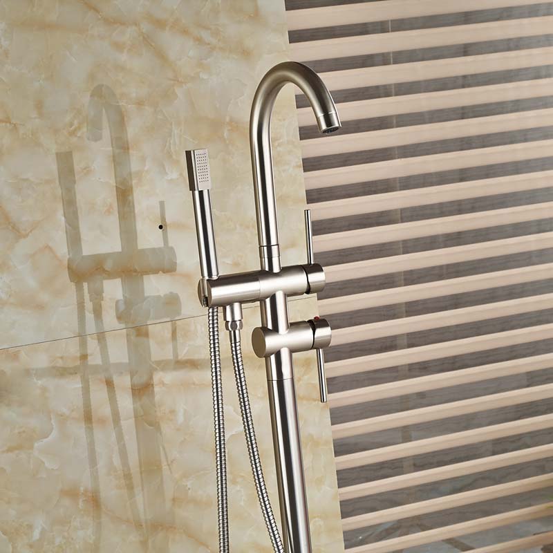 luxury brushed nickel bathtub faucet set standing floor mount tub filler taps with handshower