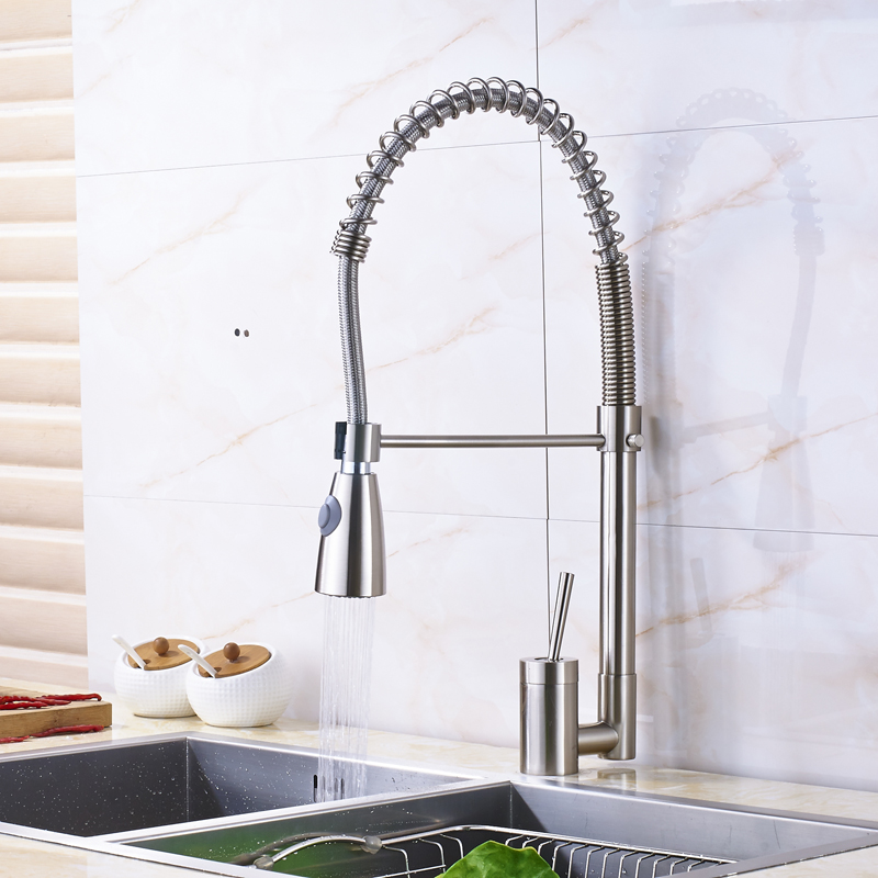 luxury brushed nickel pull down swivel spout kitchen mixer tap single lever spring kitchen sink washing taps