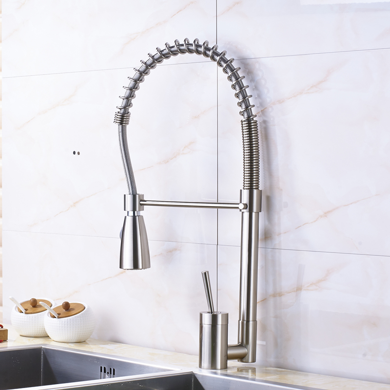 luxury brushed nickel pull down swivel spout kitchen mixer tap single lever spring kitchen sink washing taps