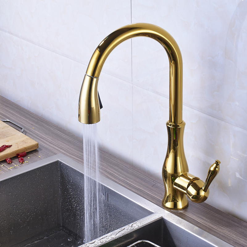 luxury deck mounted pull out down spout kitchen basin sink faucet tap golden single lever one hole and cold mixers