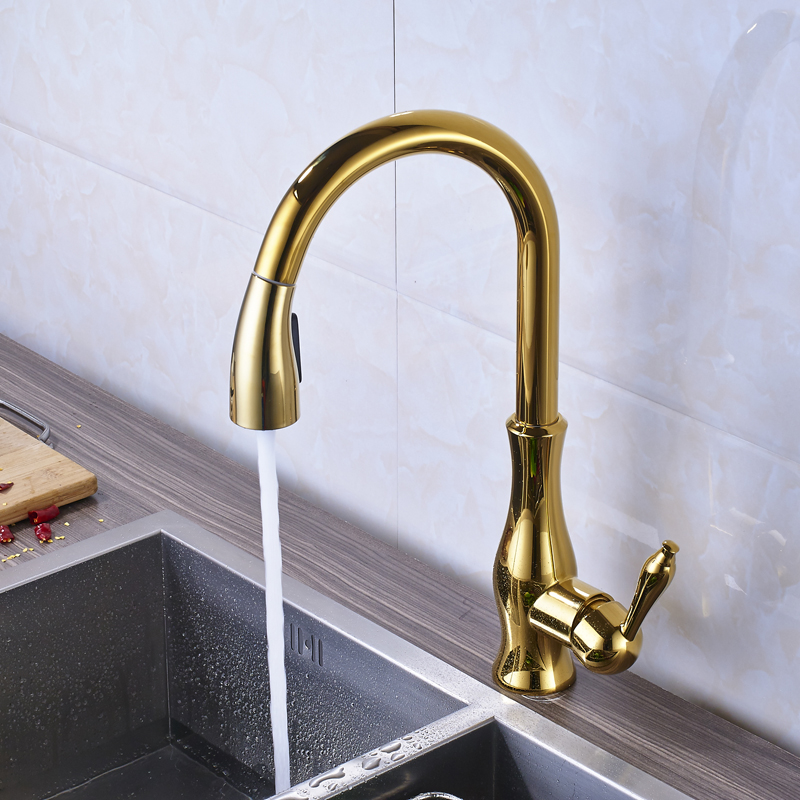 luxury deck mounted pull out down spout kitchen basin sink faucet tap golden single lever one hole and cold mixers