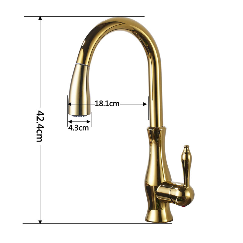 luxury deck mounted pull out down spout kitchen basin sink faucet tap golden single lever one hole and cold mixers