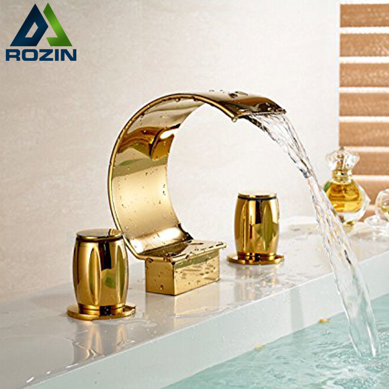 luxury dual cristal handles ti-pvd golden basin faucet deck mount waterfall bathroom mixer taps 3 holes