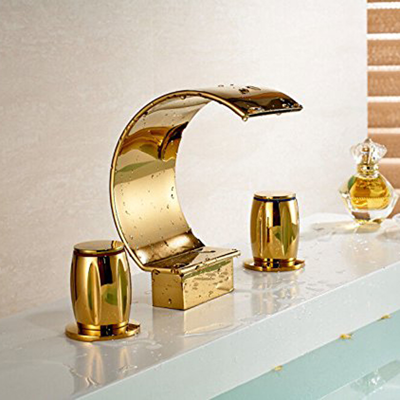 luxury dual cristal handles ti-pvd golden basin faucet deck mount waterfall bathroom mixer taps 3 holes