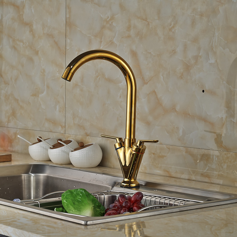 luxury dual handles cold kitchen sink faucet deck mount one hole mixer taps golden water taps