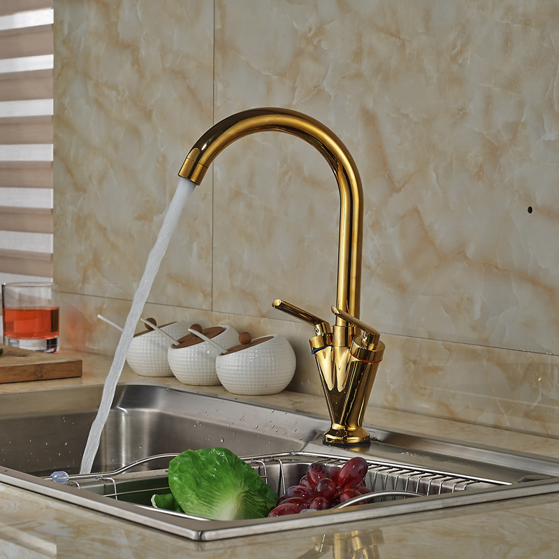 luxury dual handles cold kitchen sink faucet deck mount one hole mixer taps golden water taps