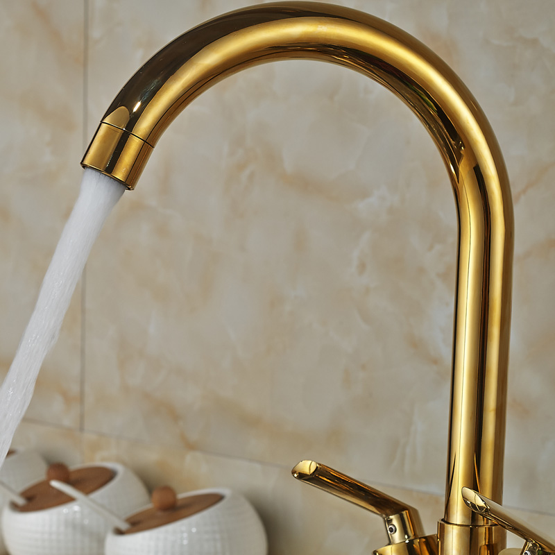 luxury dual handles cold kitchen sink faucet deck mount one hole mixer taps golden water taps