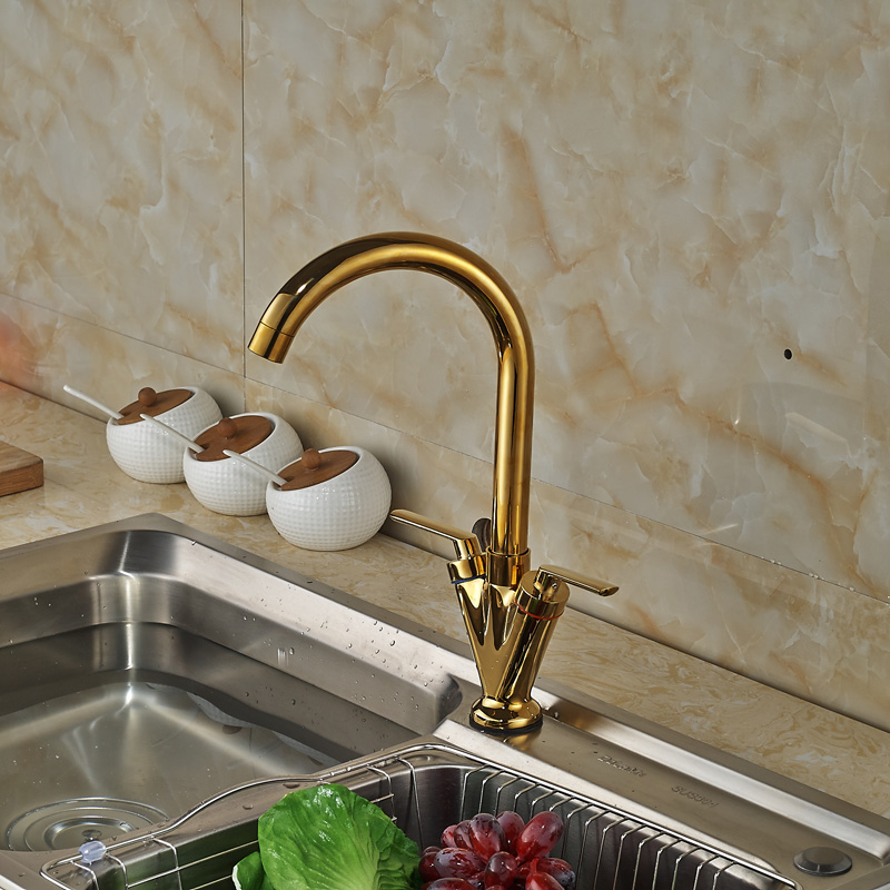 luxury dual handles cold kitchen sink faucet deck mount one hole mixer taps golden water taps