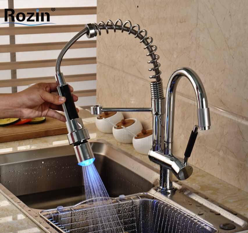 luxury dual spout pull down kitchen faucet deck mount spring led light kitchen mixer taps chrome finish