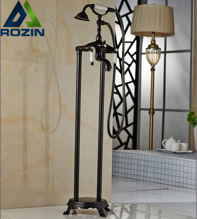 luxury floor mount bathroom bathtub faucet dual handles with handshower standing oil rubbed bronze