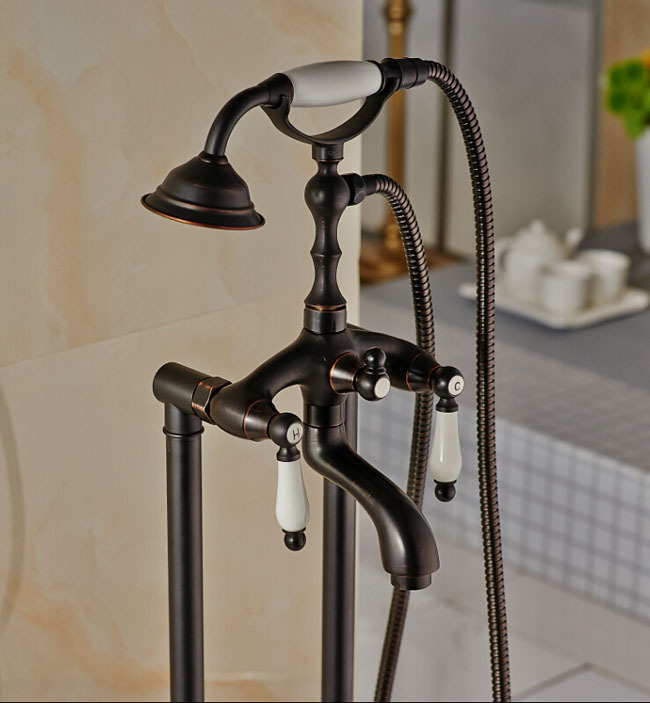 luxury floor mount bathroom bathtub faucet dual handles with handshower standing oil rubbed bronze