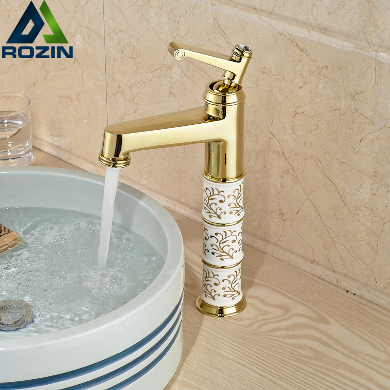 luxury golden ceramic bathroom vessel sink mixer faucet single handle washbasin tap with cold water