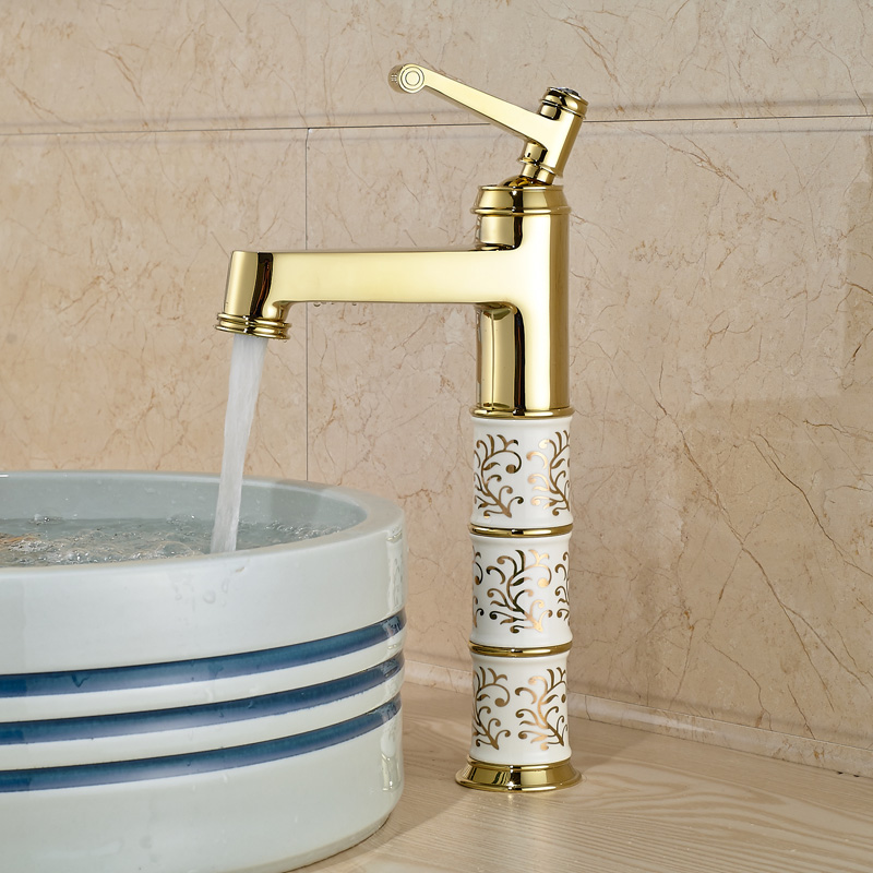 luxury golden ceramic bathroom vessel sink mixer faucet single handle washbasin tap with cold water