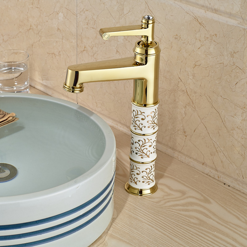 luxury golden ceramic bathroom vessel sink mixer faucet single handle washbasin tap with cold water