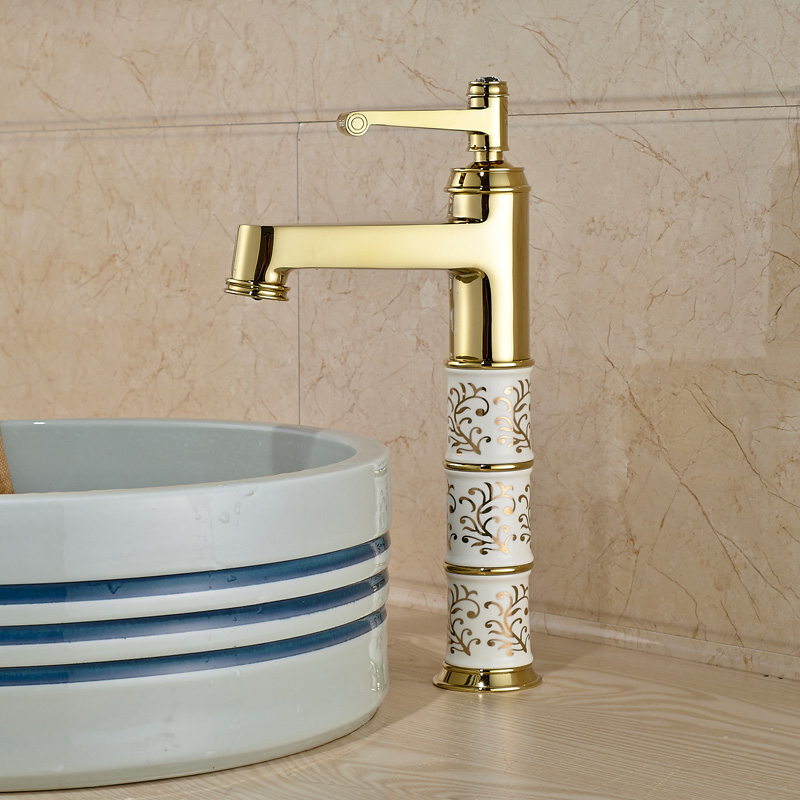 luxury golden ceramic bathroom vessel sink mixer faucet single handle washbasin tap with cold water