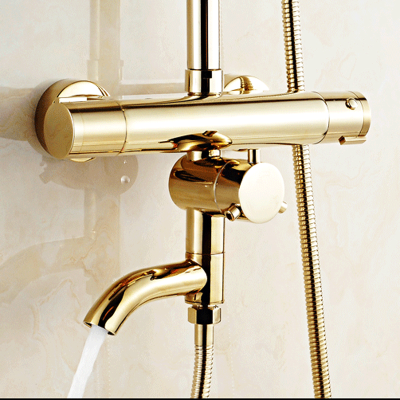 luxury golden thermostatic shower set dual handle constant temperature 8" rainfall bath shower mixer taps