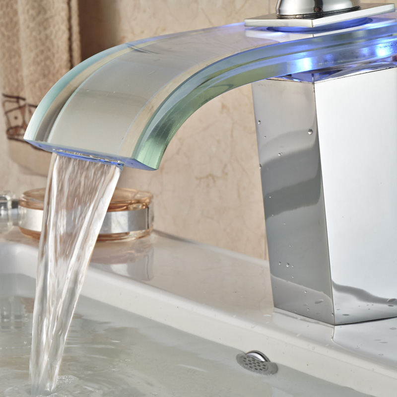 luxury led three color changing basin sink faucet waterfall glass spout bathroom mixer tap single handle chrome finish