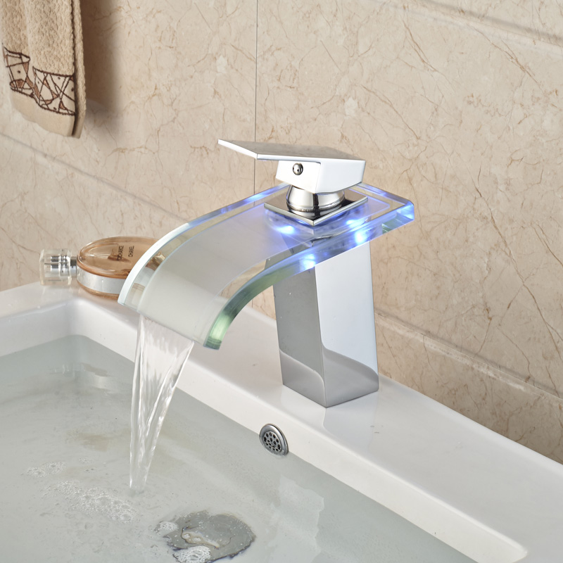 luxury led three color changing basin sink faucet waterfall glass spout bathroom mixer tap single handle chrome finish