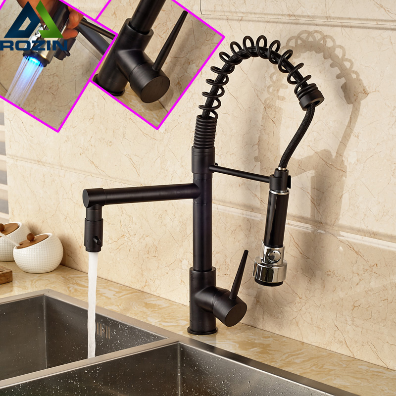 luxury one handle spring pull down kitchen sink faucet with dual spout led color changing oil rubbed bronze finish