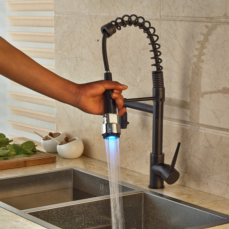 luxury one handle spring pull down kitchen sink faucet with dual spout led color changing oil rubbed bronze finish