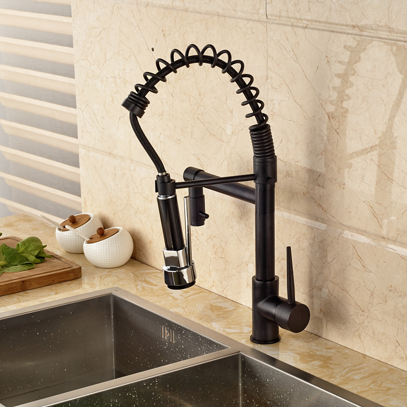 luxury one handle spring pull down kitchen sink faucet with dual spout led color changing oil rubbed bronze finish