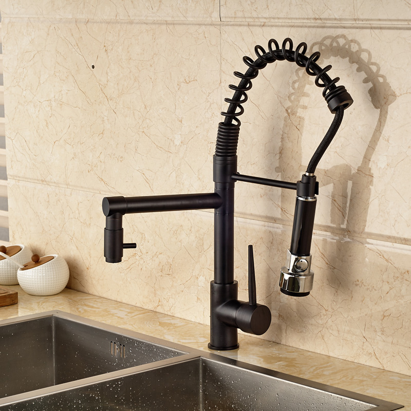 luxury one handle spring pull down kitchen sink faucet with dual spout led color changing oil rubbed bronze finish