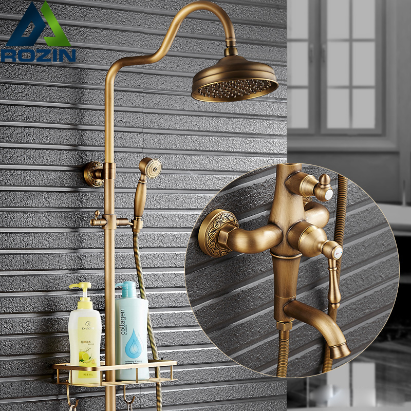 luxury rain 8" brass shower faucets antique style tub shower faucet with basket commodity shelf + hand shower