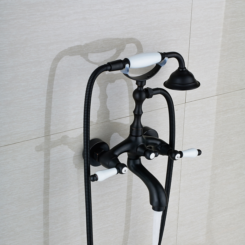 luxury wall mounted bathtub mixer faucet double handle rotate tub water taps with ceramic handshower