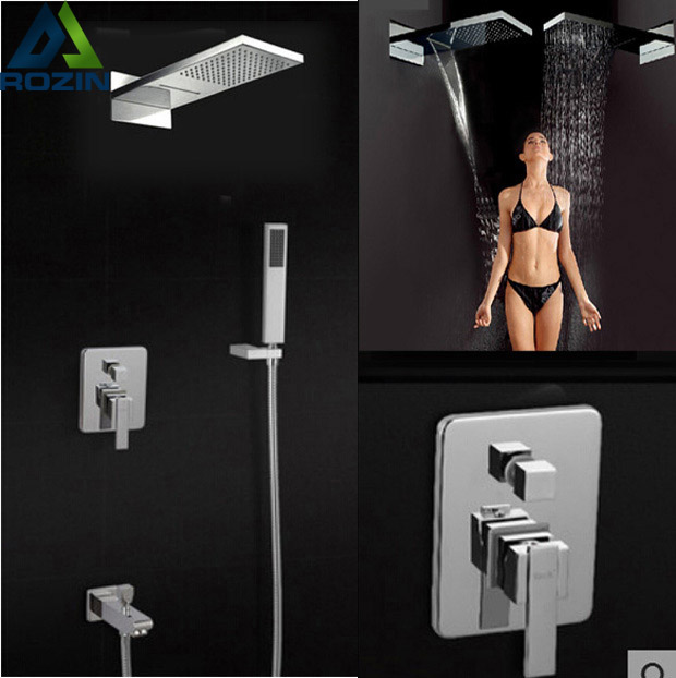 modern bathroom shower set faucet system + tub spout + handheld head waterfall & rainfall showerhead