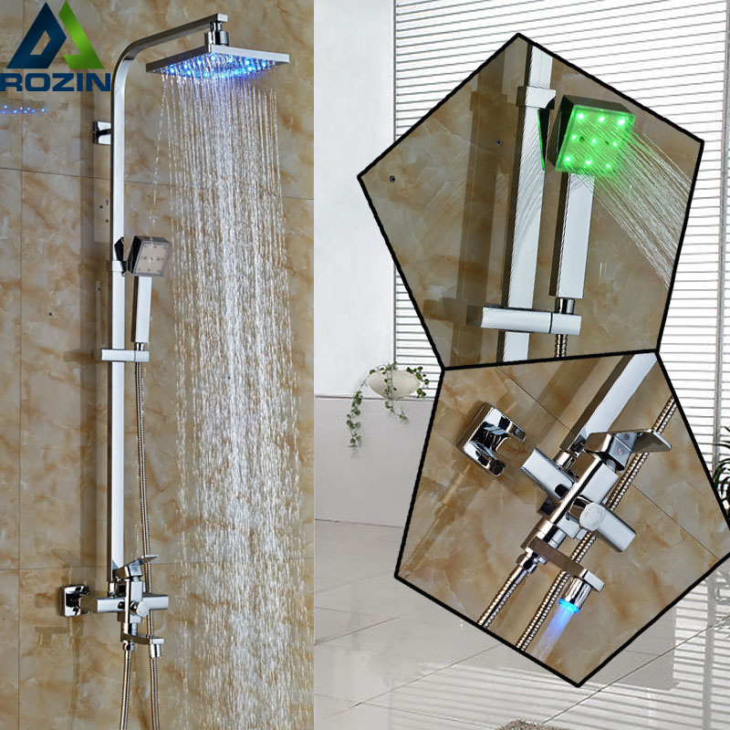 modern chrome 8" led light rain shower and tub faucet wall mounted color changing totate tub spout shower complete set