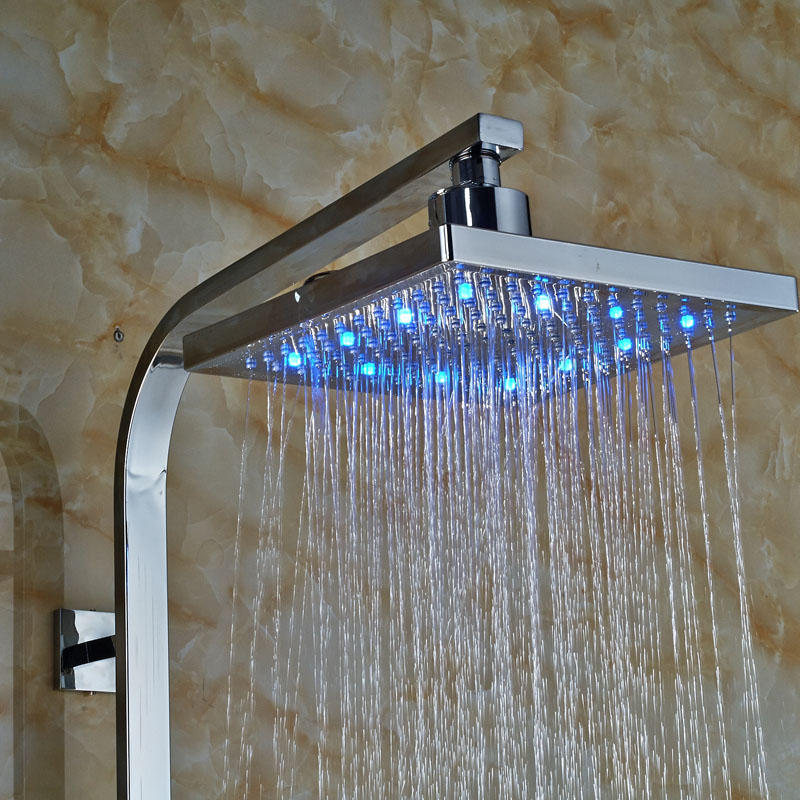 modern chrome 8" led light rain shower and tub faucet wall mounted color changing totate tub spout shower complete set