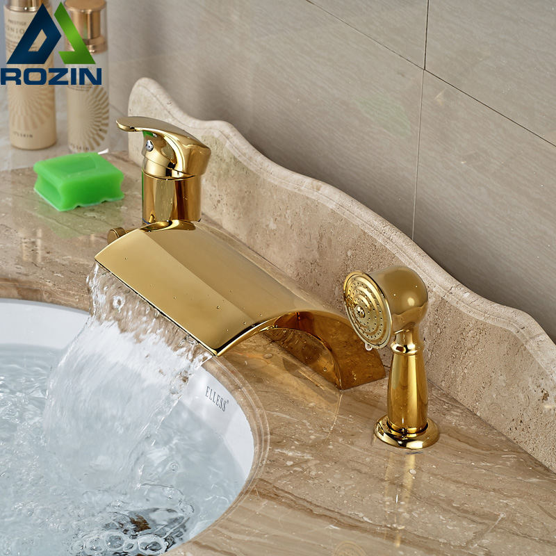 modern golden 3pcs widespread bathroom waterfall tub filler faucet hand shower set mixer taps