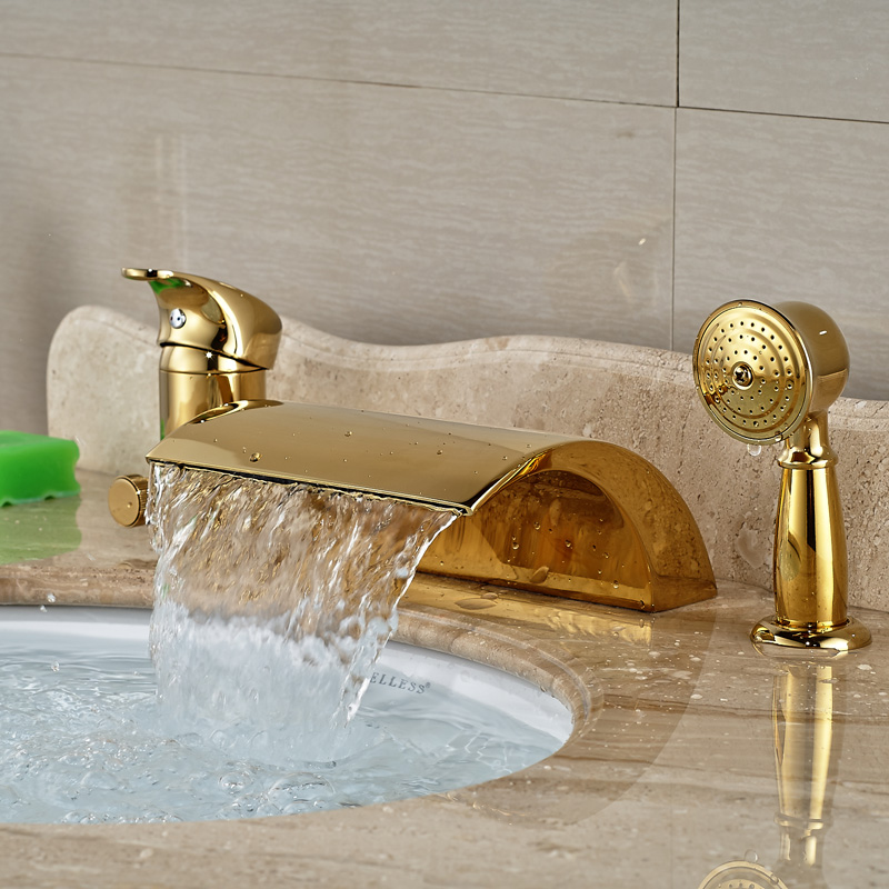 modern golden 3pcs widespread bathroom waterfall tub filler faucet hand shower set mixer taps