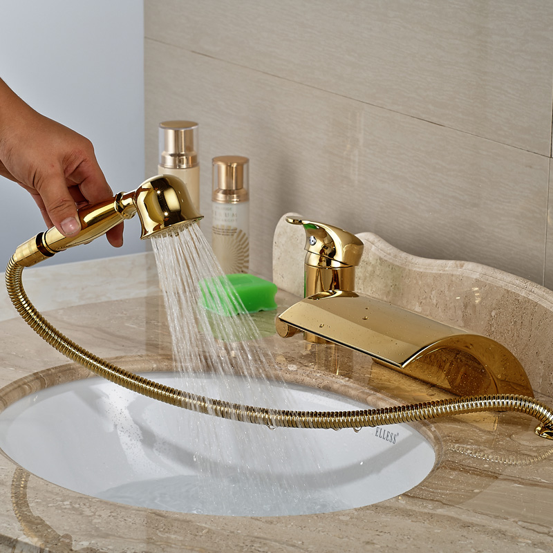 modern golden 3pcs widespread bathroom waterfall tub filler faucet hand shower set mixer taps