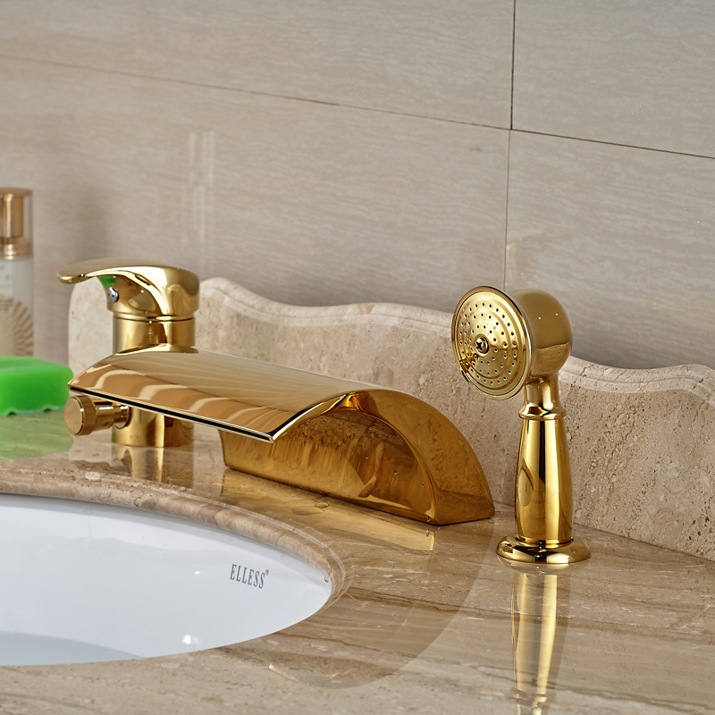 modern golden 3pcs widespread bathroom waterfall tub filler faucet hand shower set mixer taps