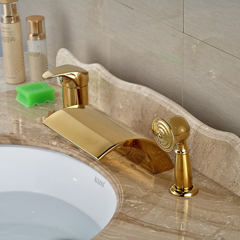 modern golden 3pcs widespread bathroom waterfall tub filler faucet hand shower set mixer taps